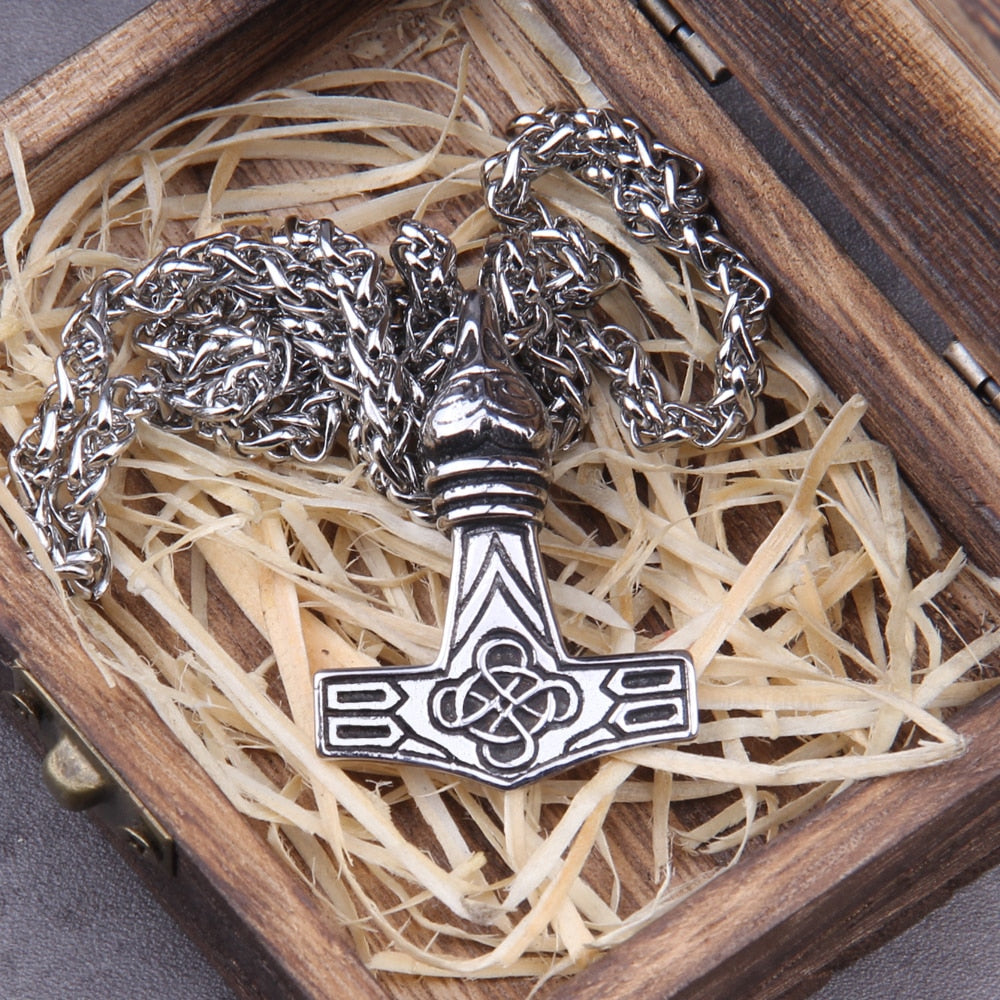 RAVEN SKULL MJOLNIR PENDANT- STAINLESS STEEL - Forged in Valhalla