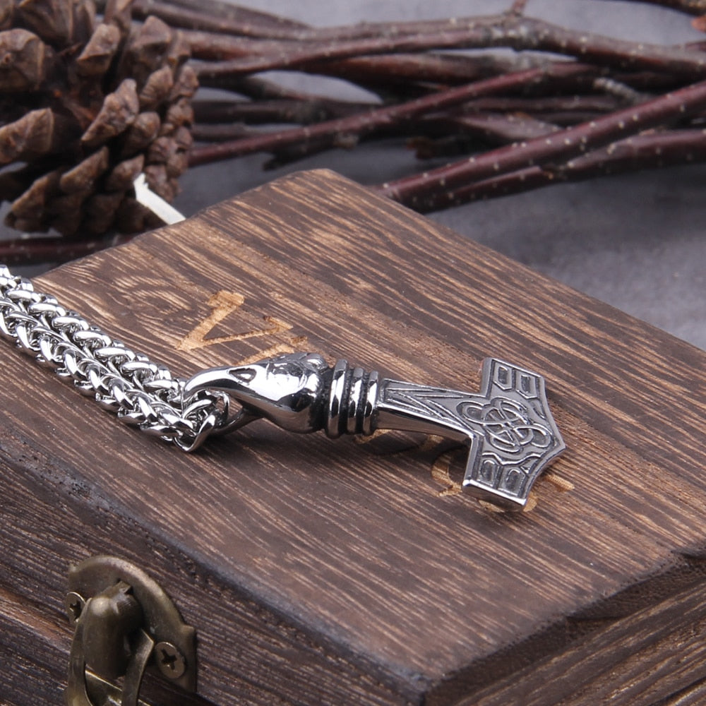 RAVEN SKULL MJOLNIR PENDANT- STAINLESS STEEL - Forged in Valhalla