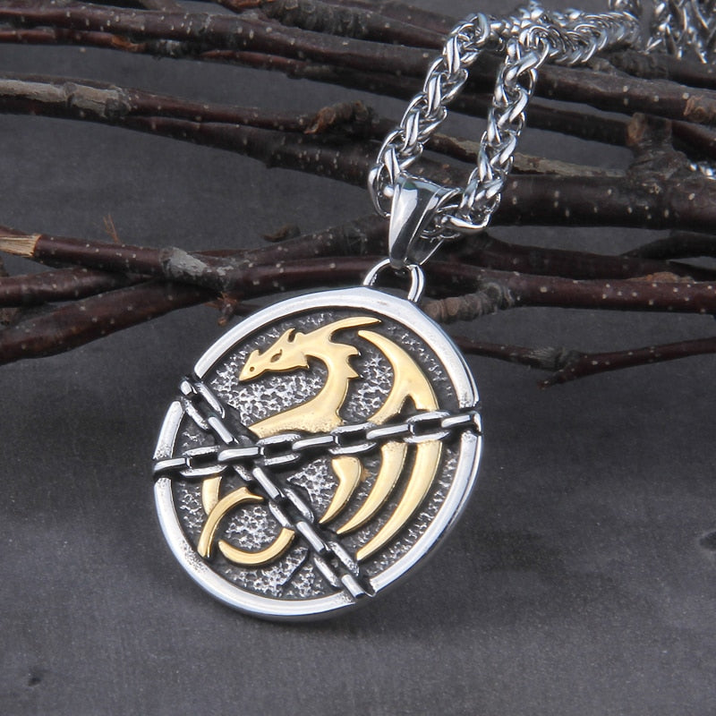 CHAINED DRAGON Fáfnir PENDANT- STAINLESS STEEL - Forged in Valhalla