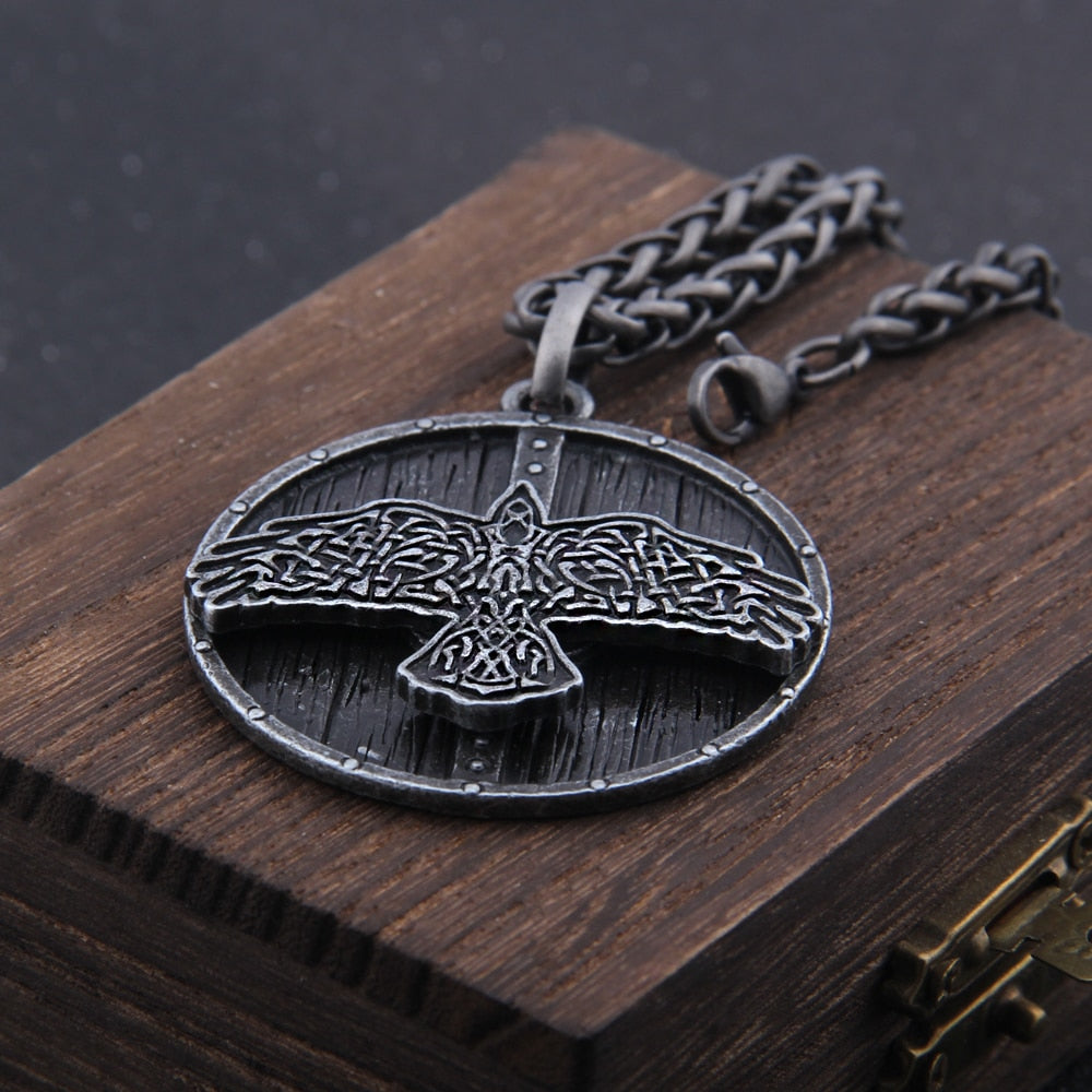 SHIELDED RAVEN OF ODIN PENDANT- STAINLESS STEEL - Forged in Valhalla