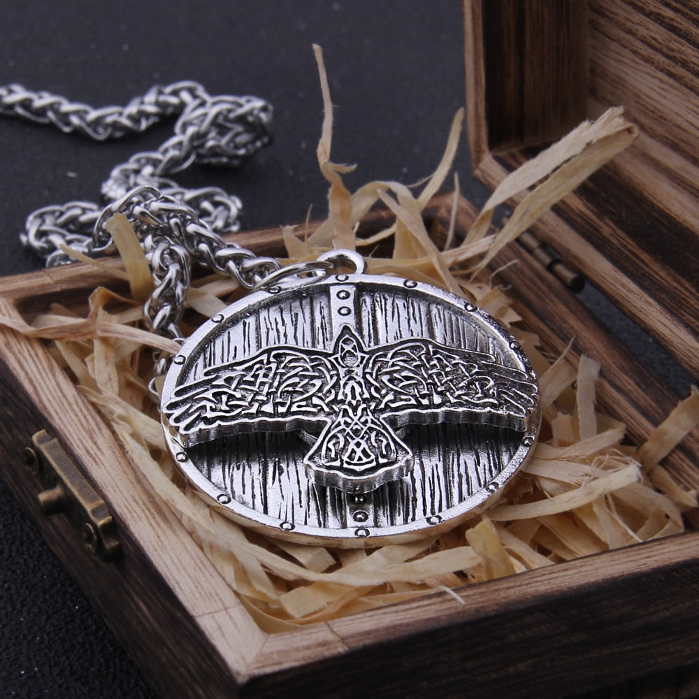 SHIELDED RAVEN OF ODIN PENDANT- STAINLESS STEEL - Forged in Valhalla