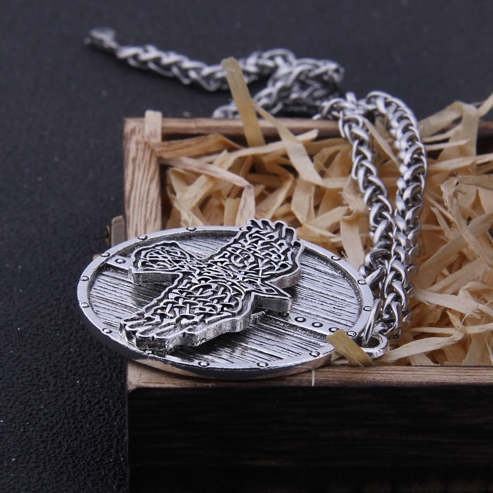 SHIELDED RAVEN OF ODIN PENDANT- STAINLESS STEEL - Forged in Valhalla